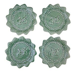Vintage Bordallo Pinheiro Set of 4 Bunny Rabbit Green Salad Plate Scalloped Edge